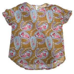 Paisley Grace Women's Yellow Paisley Blouse Tunic Size XXXL Pink Ruffle Sleeve